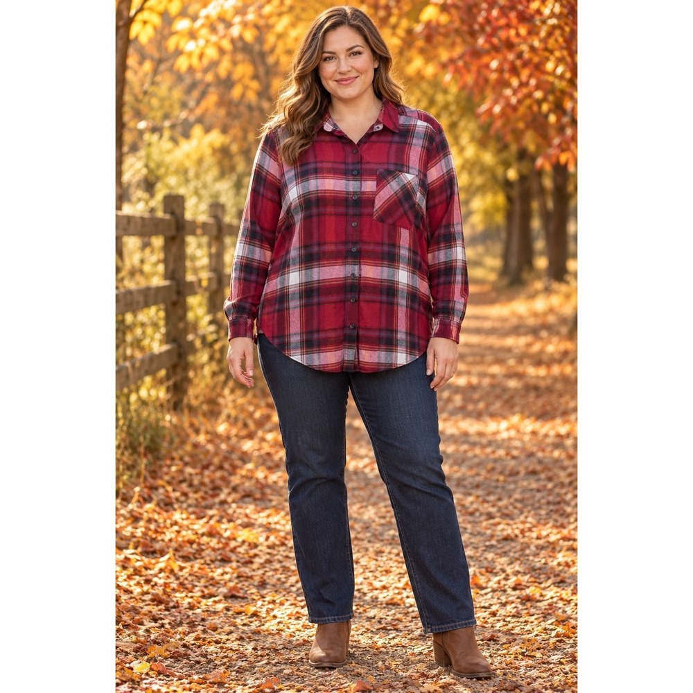 22. Torrid Red Black Plaid Flannel Button Down Shirt Long Sleeve Size 1 Large